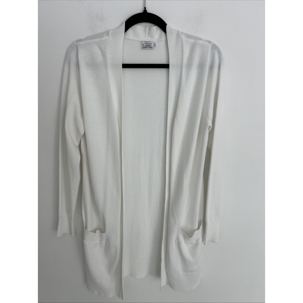 Women's Sx Small White Long‎ Cardigan Open Front Cardigan Long Sleeve Pockets
